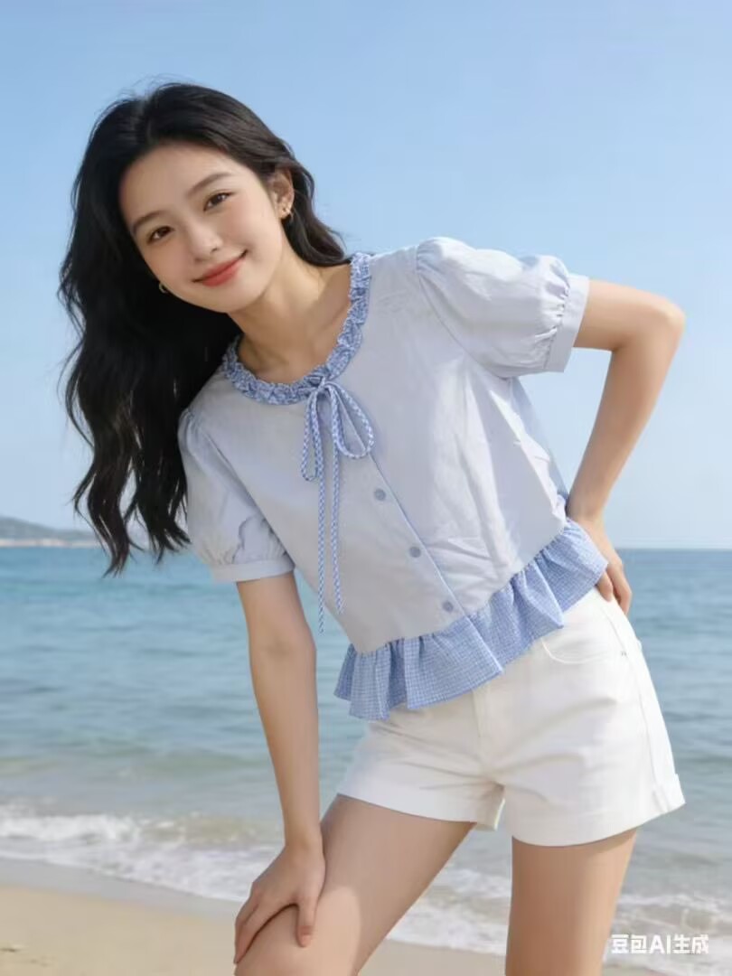 綠色圓領泡泡袖襯衫女夏2026夏季新款荷葉邊短袖娃娃衫襯衣短上衣