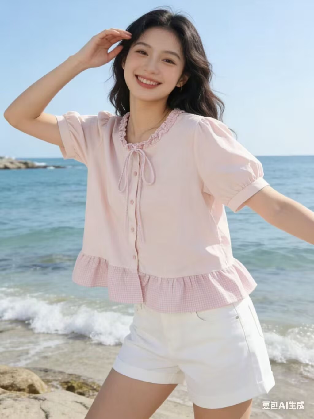綠色圓領泡泡袖襯衫女夏2026夏季新款荷葉邊短袖娃娃衫襯衣短上衣
