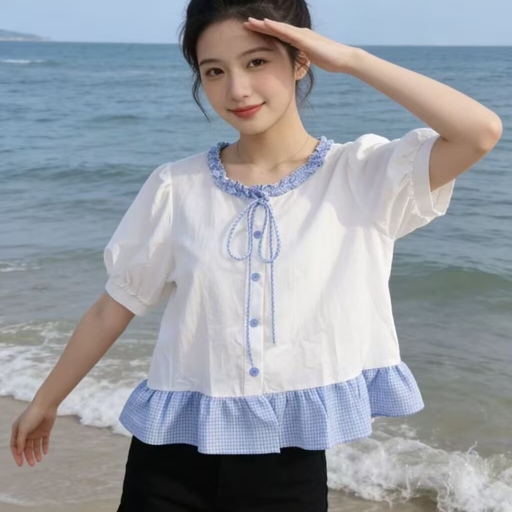 綠色圓領泡泡袖襯衫女夏2026夏季新款荷葉邊短袖娃娃衫襯衣短上衣