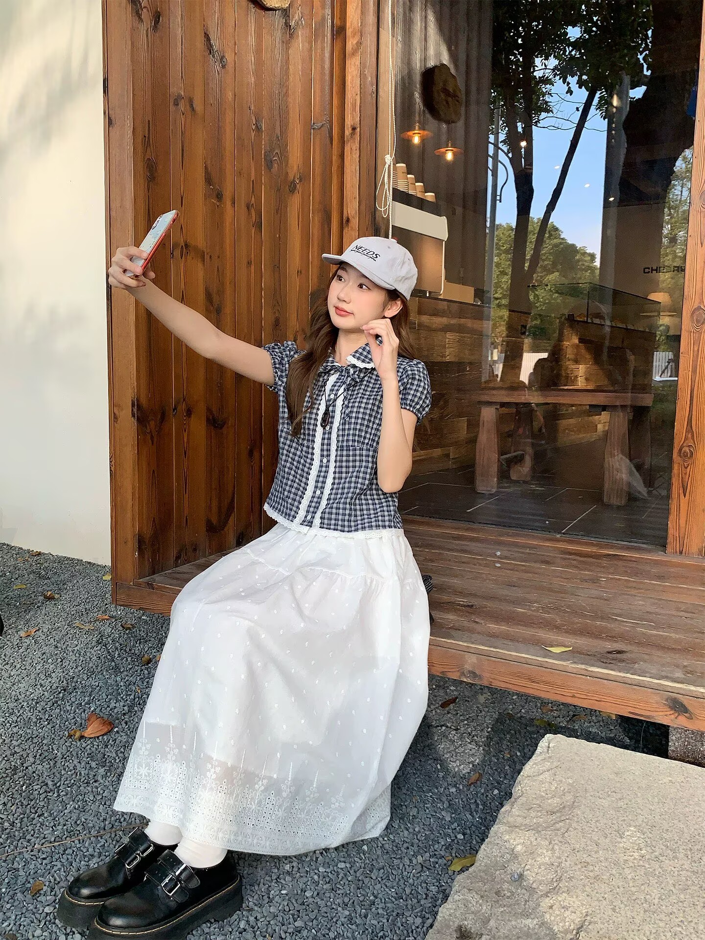 韓系格紋短袖襯衫女2026夏季甜美減齡娃娃領小衫寬松休閑顯瘦襯衣