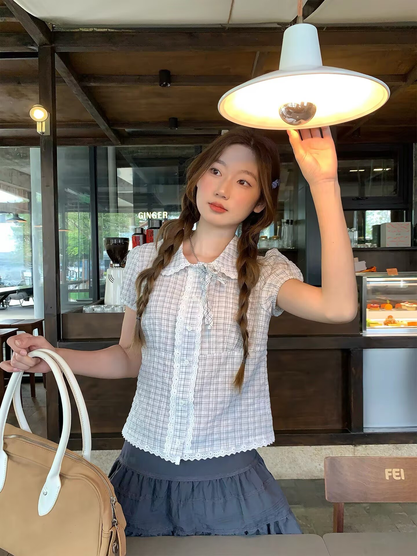 韓系格紋短袖襯衫女2026夏季甜美減齡娃娃領小衫寬松休閑顯瘦襯衣