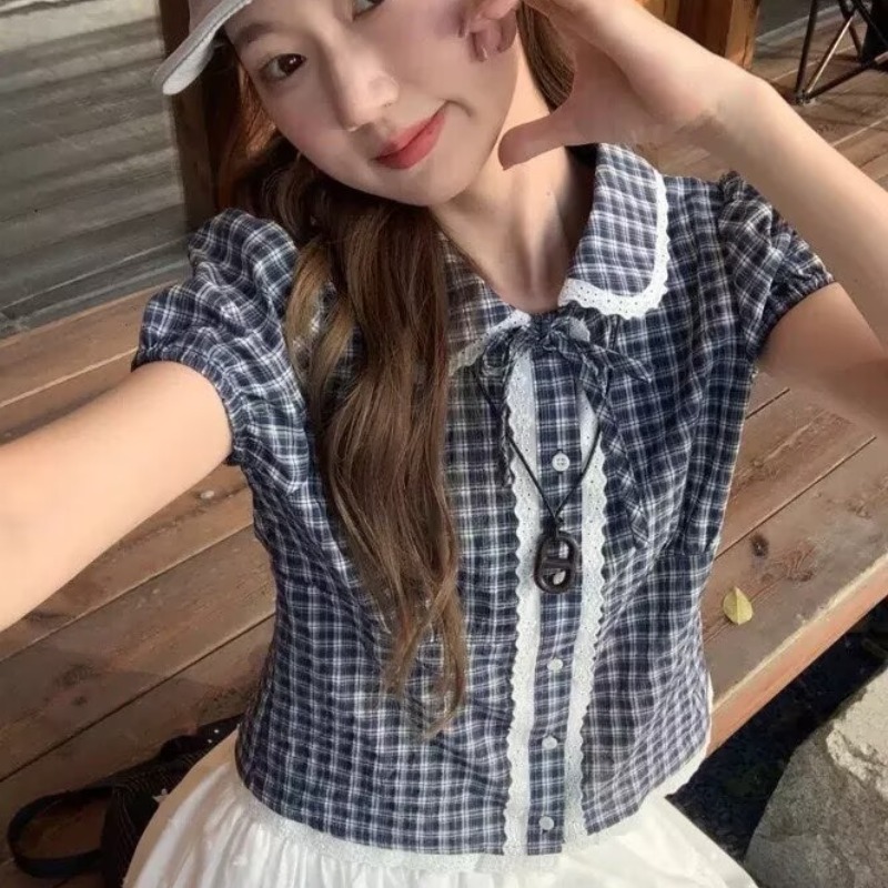 韓系格紋短袖襯衫女2026夏季甜美減齡娃娃領小衫寬松休閑顯瘦襯衣