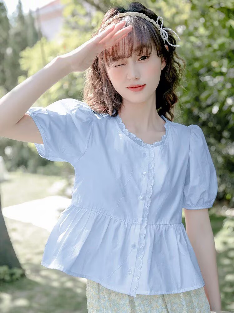 溫柔風花邊短袖襯衫女夏季2026新款設計感小眾娃娃衫上衣