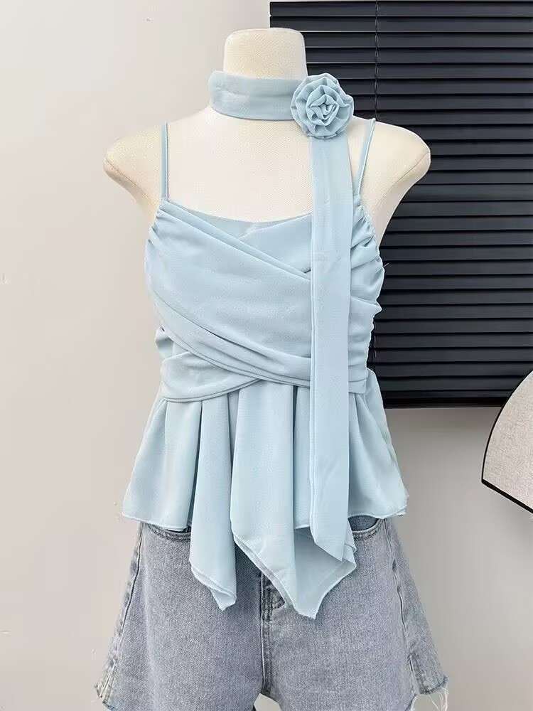 202吊帶小衫女夏荷葉邊掛脖飄帶雪紡衫裙擺小上衣遮肚子娃娃衫