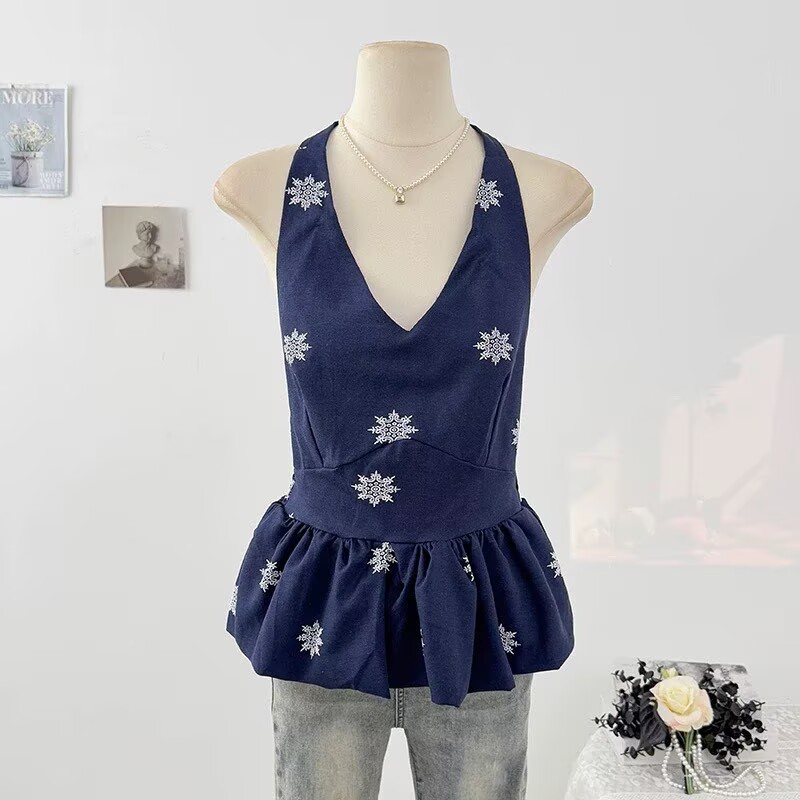 2026花朵刺繡掛脖背心女夏款泰式小眾v領吊帶衫遮肚子裙擺上衣