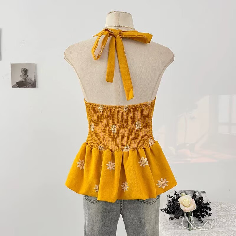 2026花朵刺繡掛脖背心女夏款泰式小眾v領吊帶衫遮肚子裙擺上衣