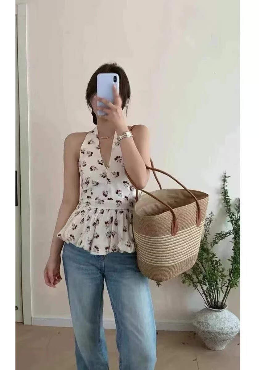 2026法式純欲風撞色格子掛脖吊帶背心女夏季不規則荷葉邊性感上衣