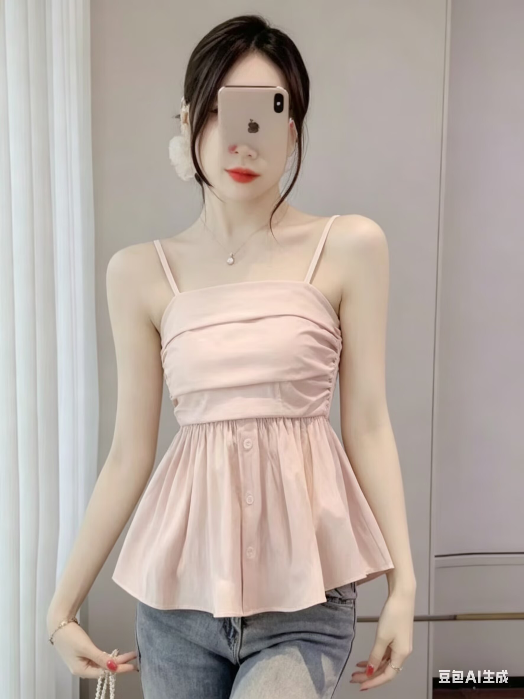 2026韓國甜美淑女風性感露肩褶皺花苞荷葉邊抹胸吊帶背心女上衣