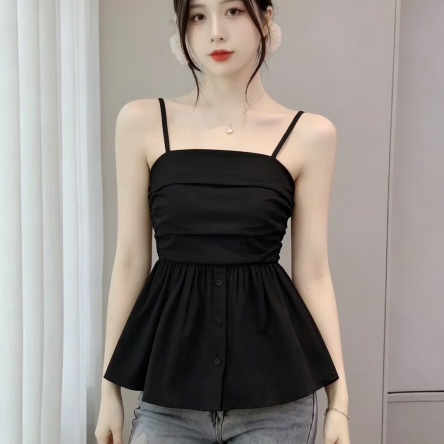 2026韓國甜美淑女風性感露肩褶皺花苞荷葉邊抹胸吊帶背心女上衣