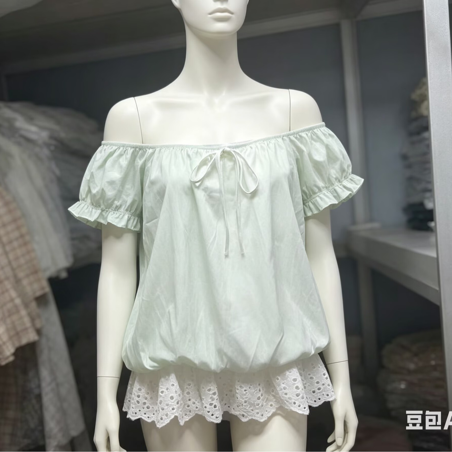 2026法式甜美風泡泡袖方領襯衫女夏季新款蝴蝶結蕾絲拼接氣質上衣