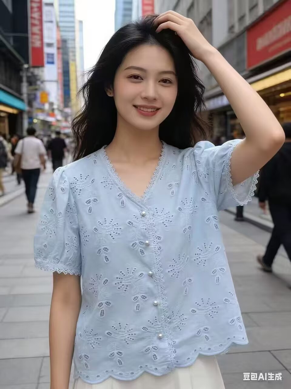 法式V領刺繡花朵鏤空泡泡袖花邊襯衫女夏2026寬松減齡單排扣上衣