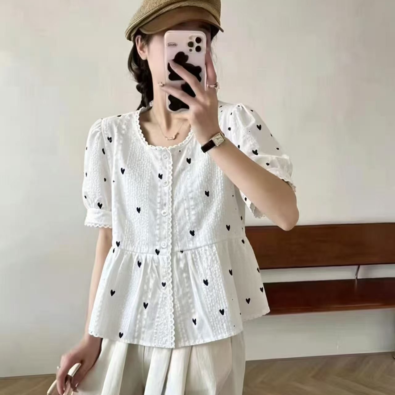 荷葉邊下擺愛心印花短袖小衫女2026夏季韓版款圓領減齡娃娃衫
