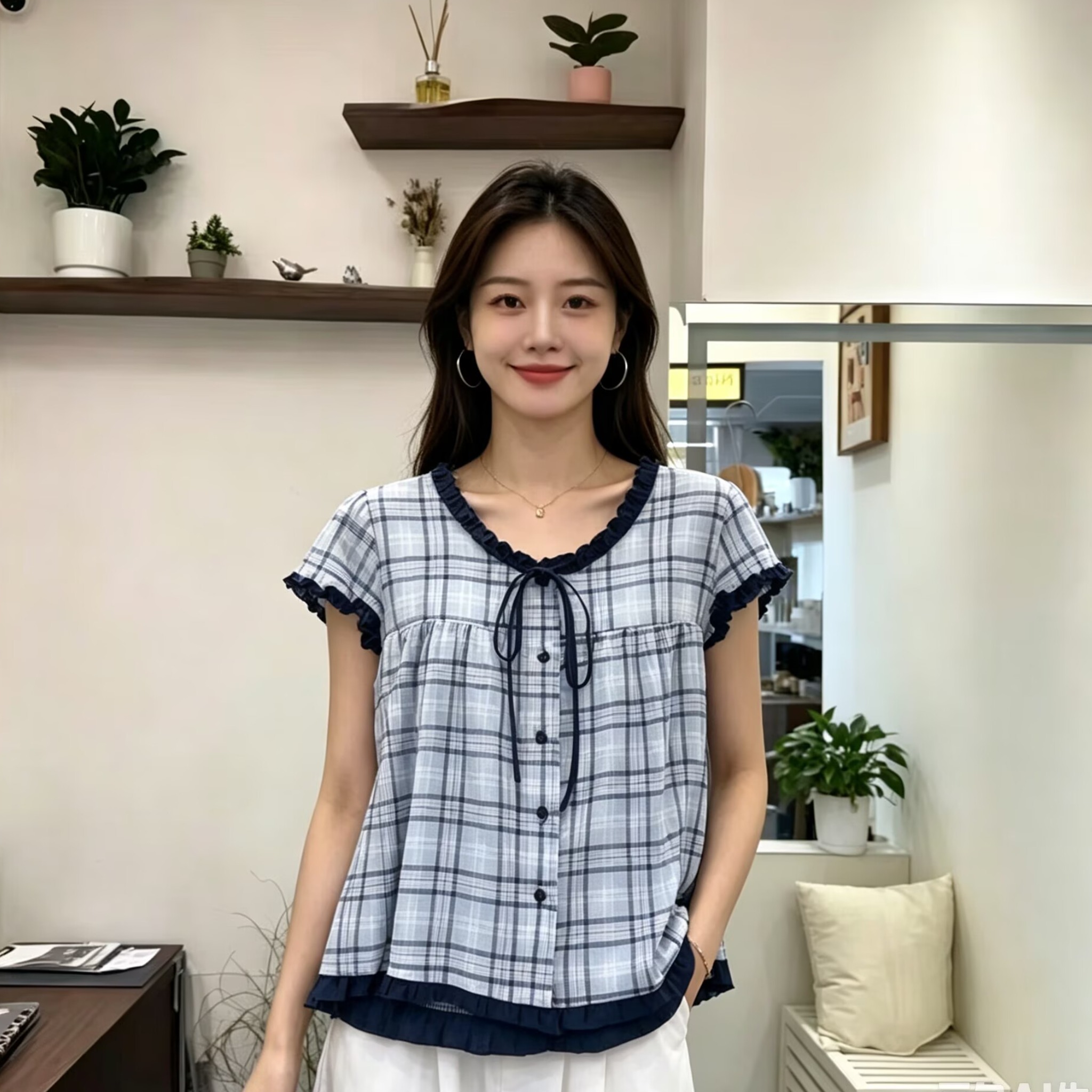 甜美撞色木耳花邊圓領短袖格子襯衫女夏2026學院風單排扣減齡上衣