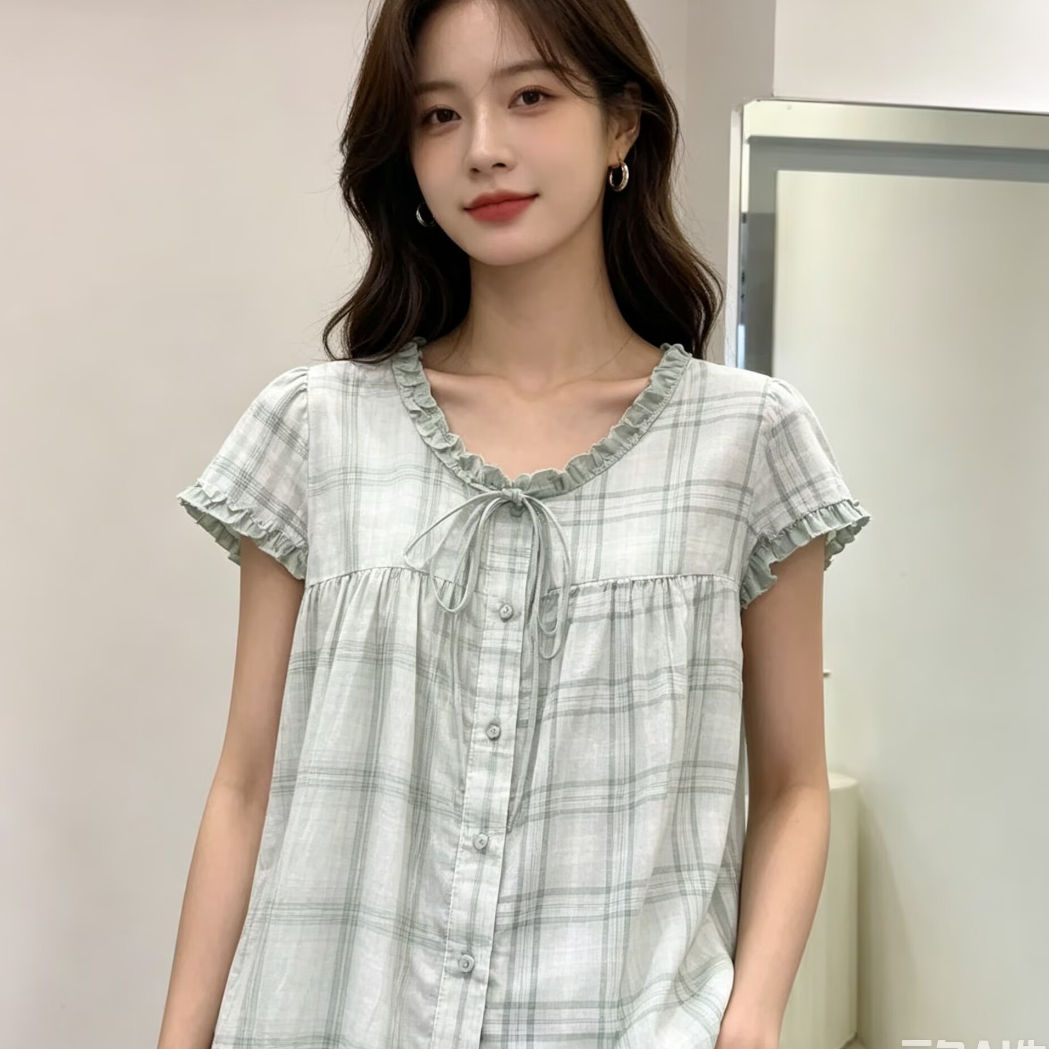 甜美撞色木耳花邊圓領短袖格子襯衫女夏2026學院風單排扣減齡上衣
