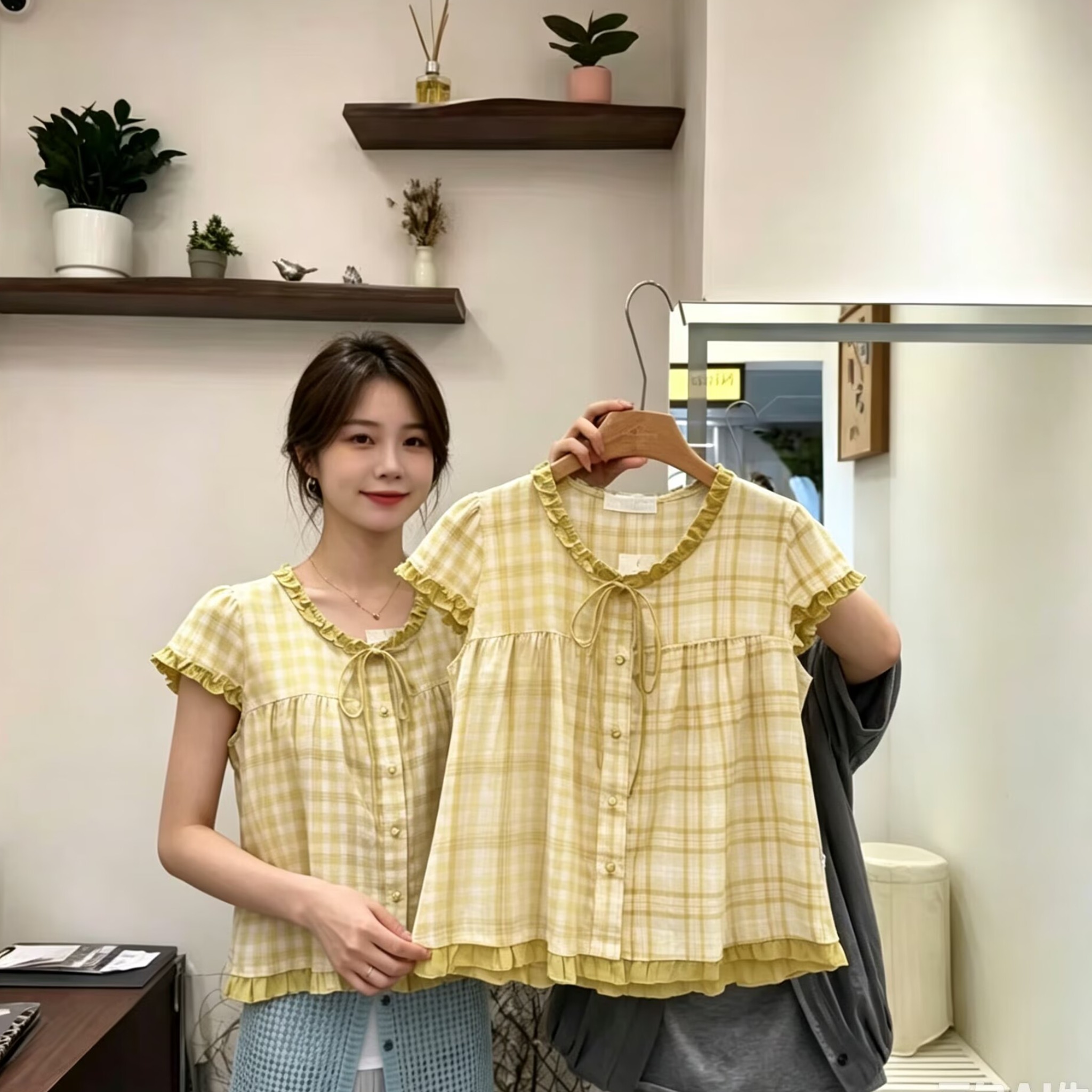 甜美撞色木耳花邊圓領短袖格子襯衫女夏2026學院風單排扣減齡上衣