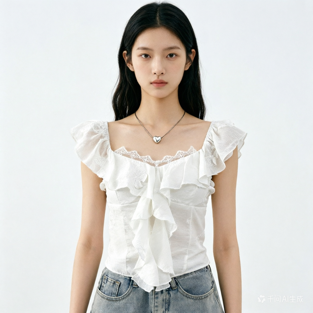 純欲辣妹蕾絲拼接方領小飛袖襯衫女夏2026荷葉邊修身顯瘦短款上衣