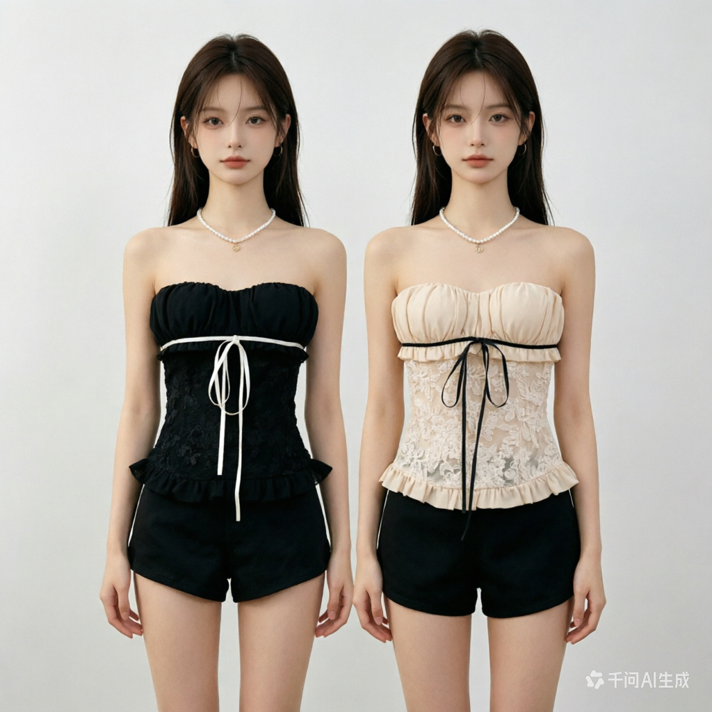 2026提花蝴蝶結撞色魚骨束腰抹胸女夏季別致巨好看辣妹背心上衣