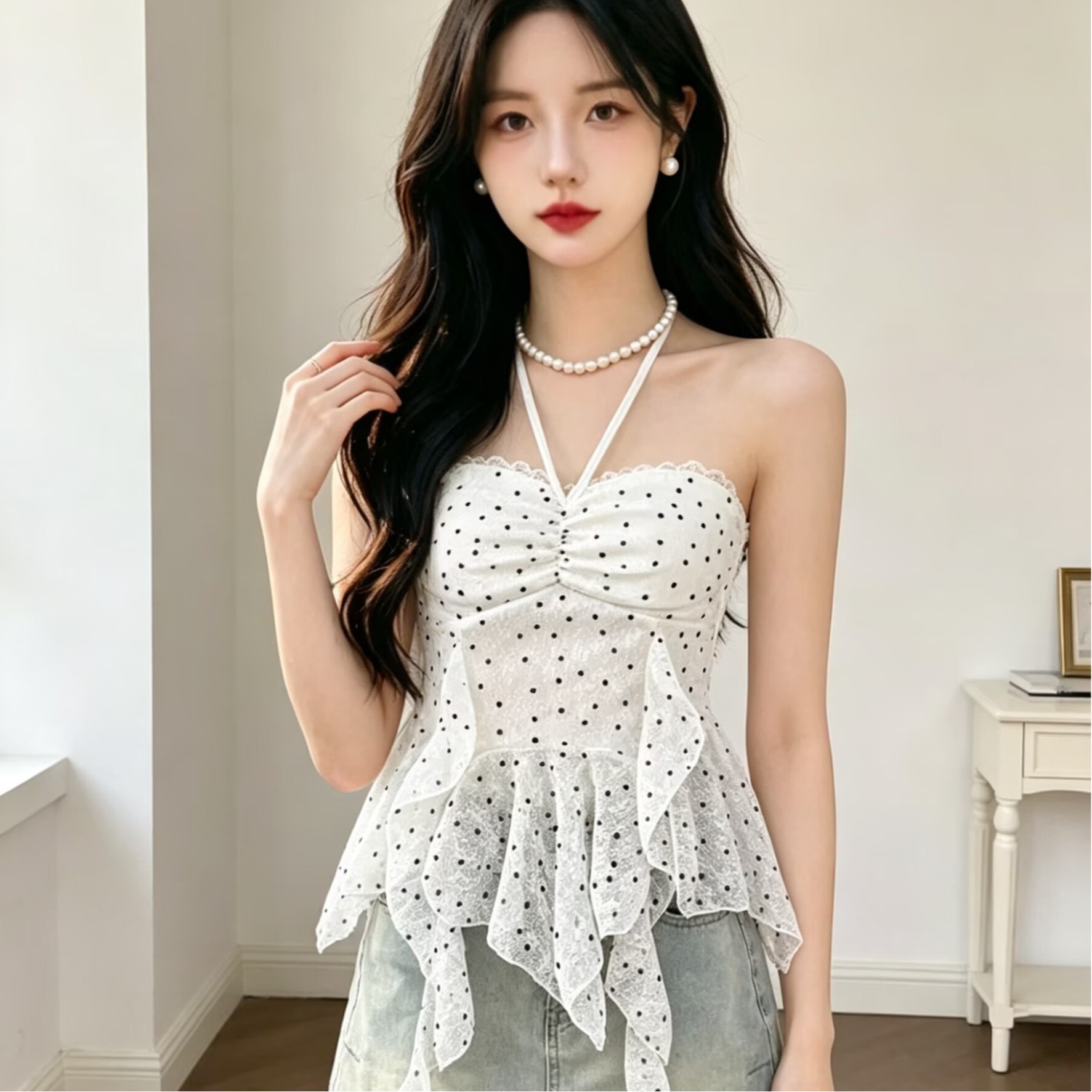 2026甜美設計感波點掛脖抹胸女夏季蕾絲荷葉邊不規則炸街上衣