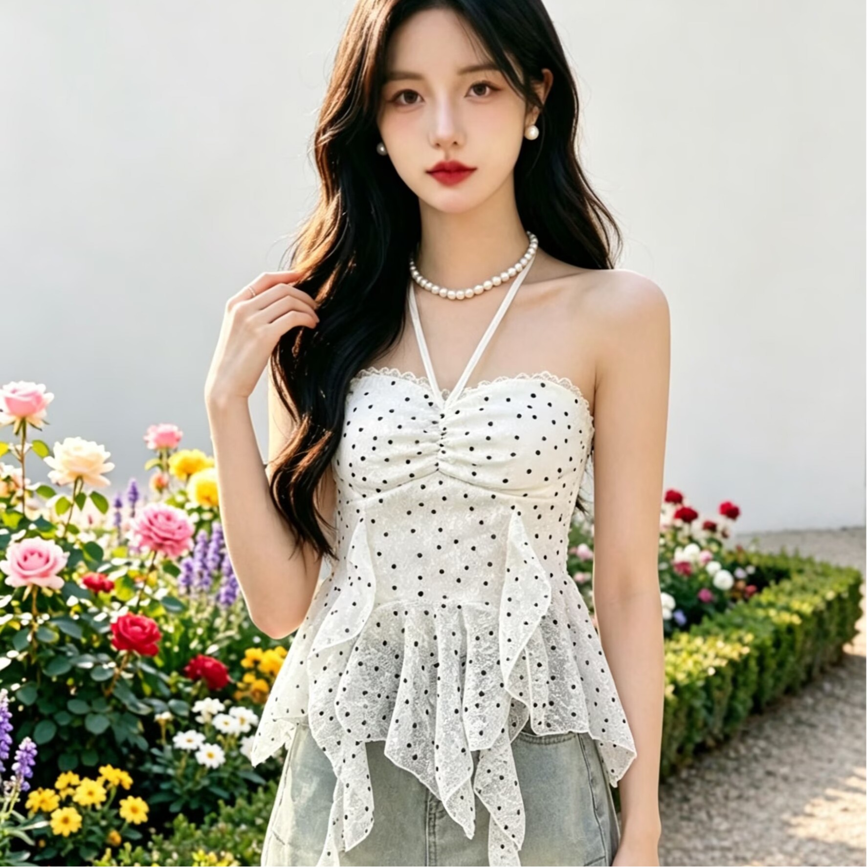 2026甜美設計感波點掛脖抹胸女夏季蕾絲荷葉邊不規則炸街上衣