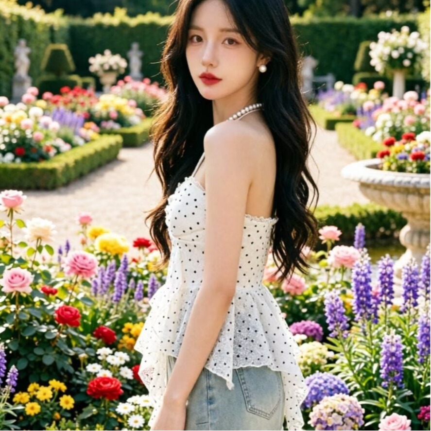 2026甜美設計感波點掛脖抹胸女夏季蕾絲荷葉邊不規則炸街上衣