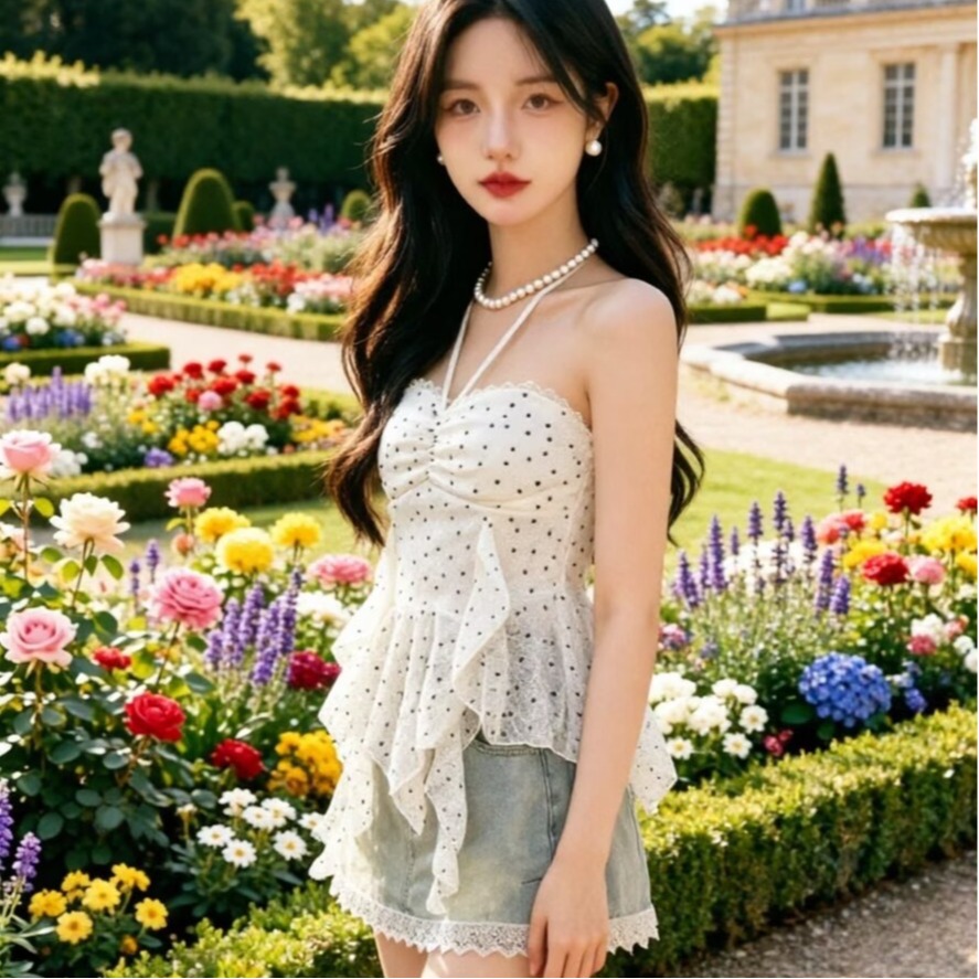 2026甜美設計感波點掛脖抹胸女夏季蕾絲荷葉邊不規則炸街上衣