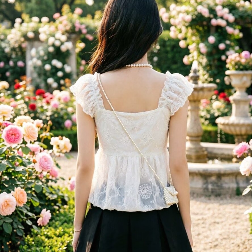 法式甜美仙女氣質方領飛飛袖襯衫女夏季2026刺繡鏤空勾花裙擺上衣
