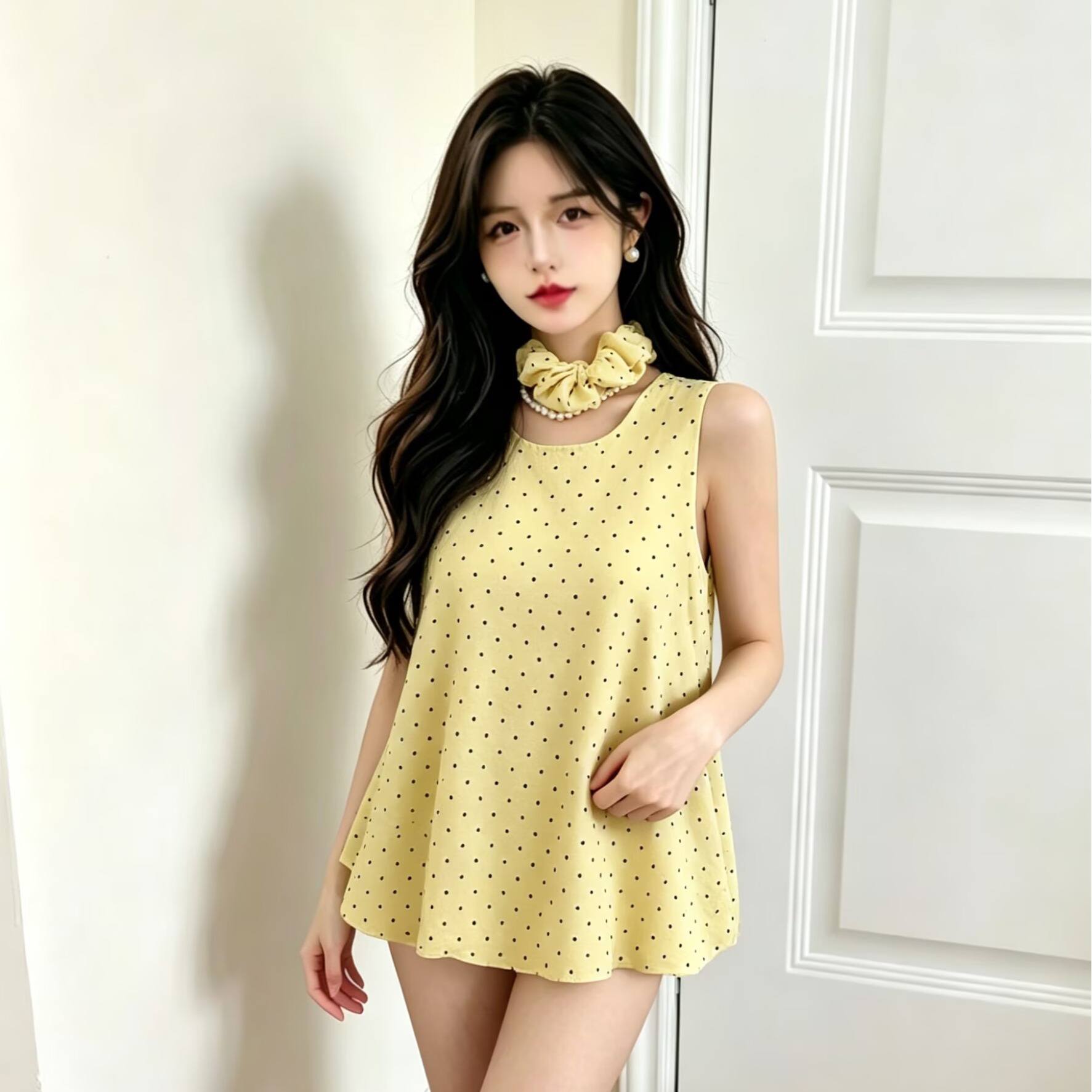 2026法式配頭花發圈冰絲花苞襯衫女夏度假風甜美波點坎肩娃娃上衣