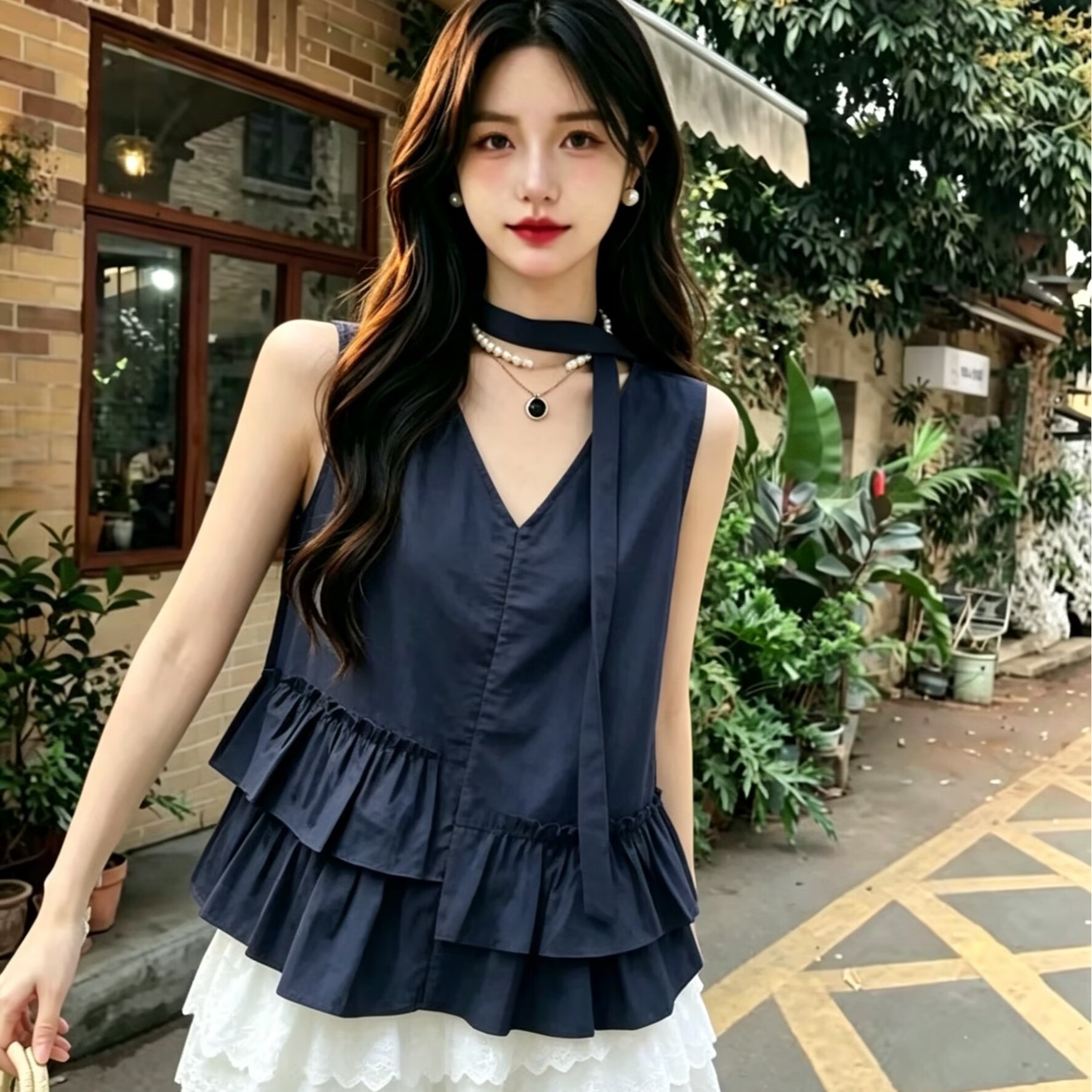 2026韓系減齡荷葉邊不規則無袖夏季新款別致小眾飄帶設計上衣潮