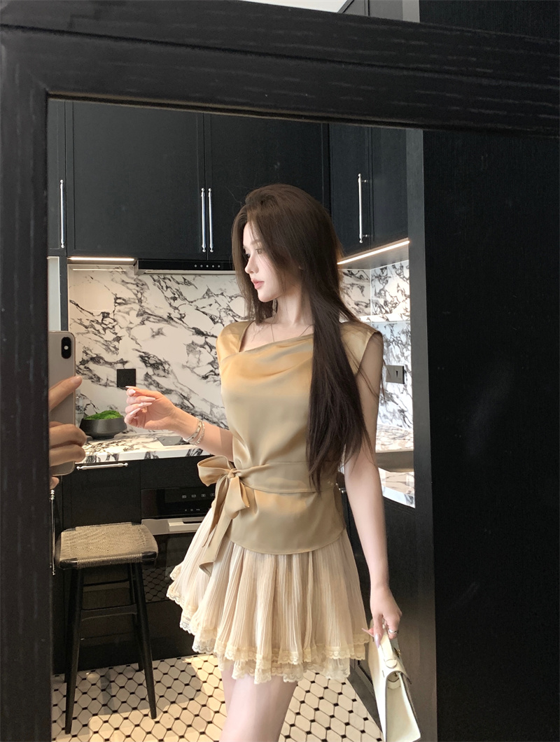 MY12035# 翡翡玉润贵气感千金荡领绑带上衣/花边百褶裙裤两件套女女裝貨源服裝批發