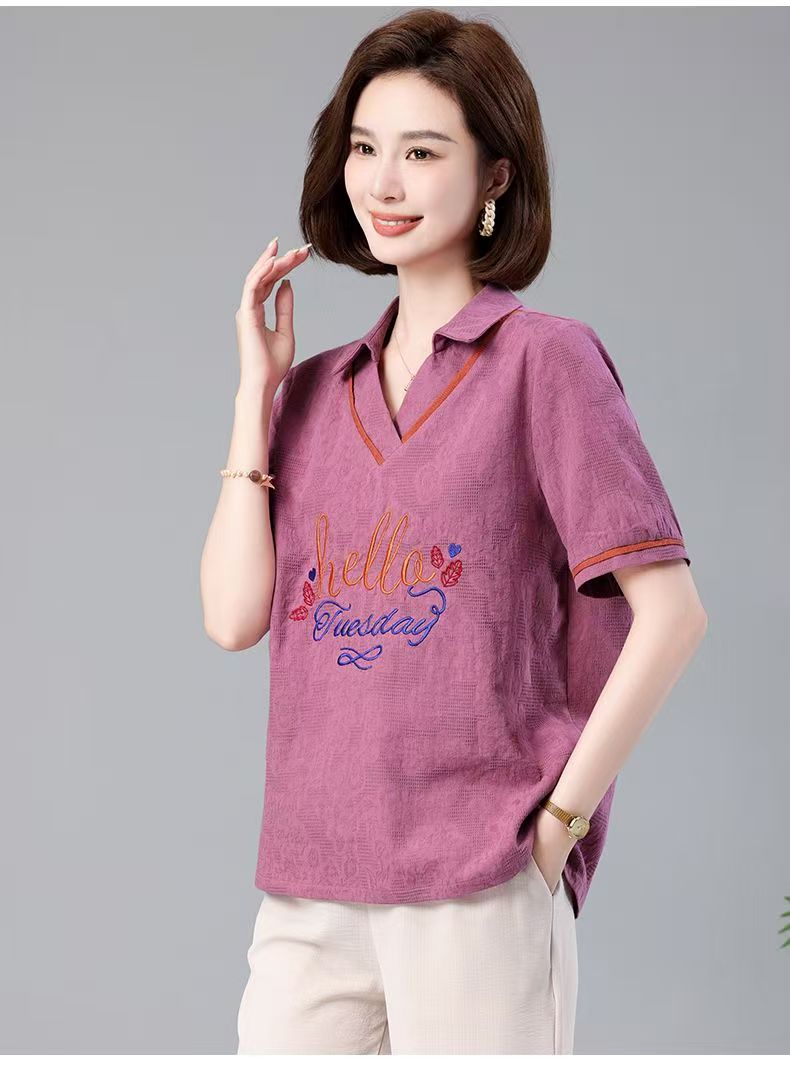 RY746# 妈妈夏装短袖T恤女宽松V领刺绣棉麻中老年洋气上衣