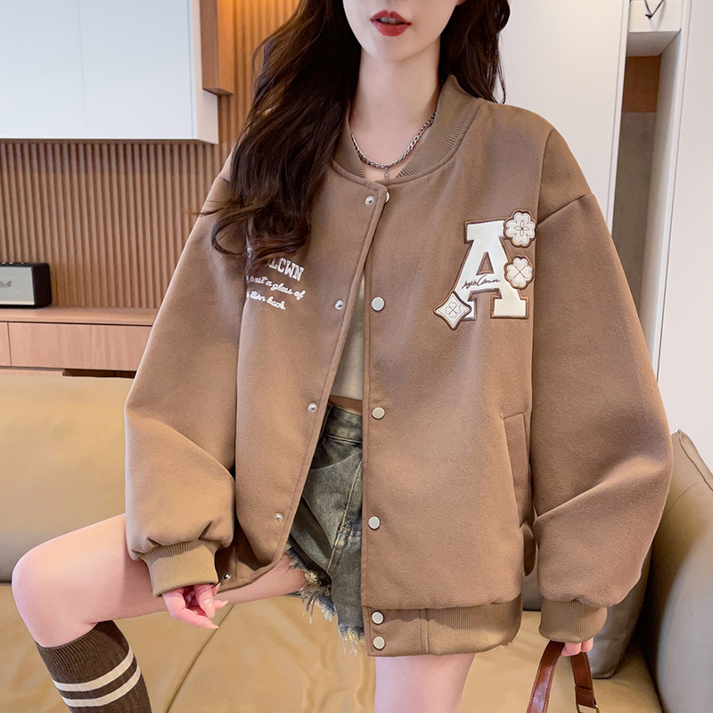 MY17285# 美式绣花设计夹克高街痞帅情侣棒球服重磅潮牌学院风外套女裝貨源服裝批發