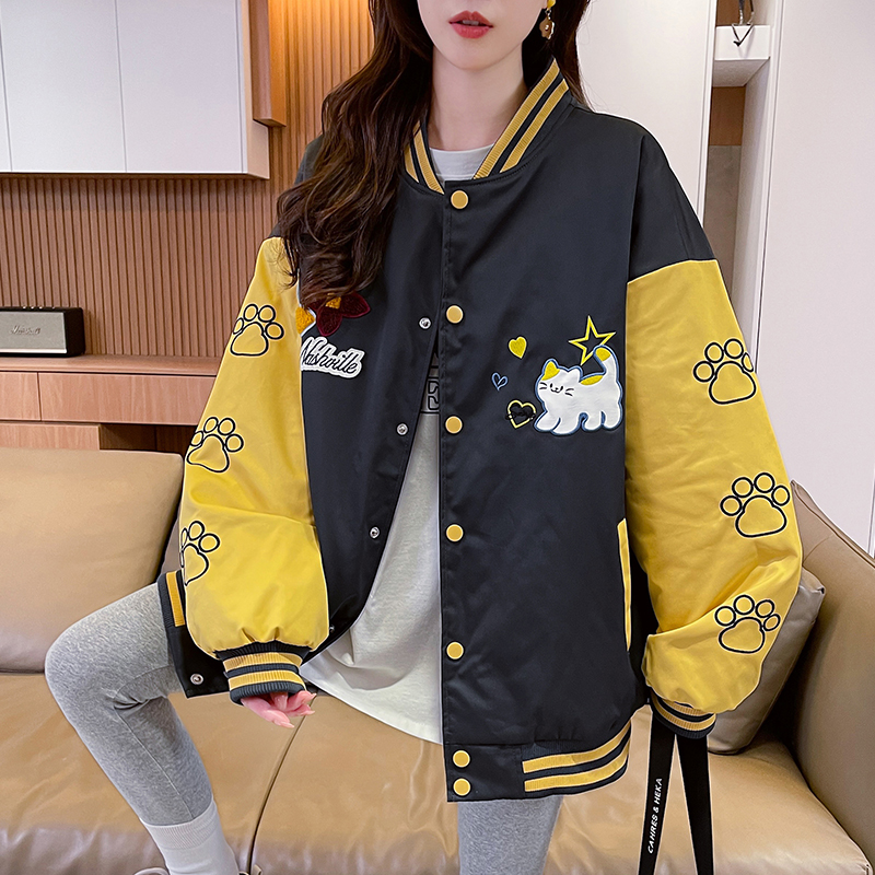 MY17283# 美式甜酷猫爪刺绣撞色超好看夹棉外套棒球服夹克男女百搭宽松情侣女裝貨源服裝批發