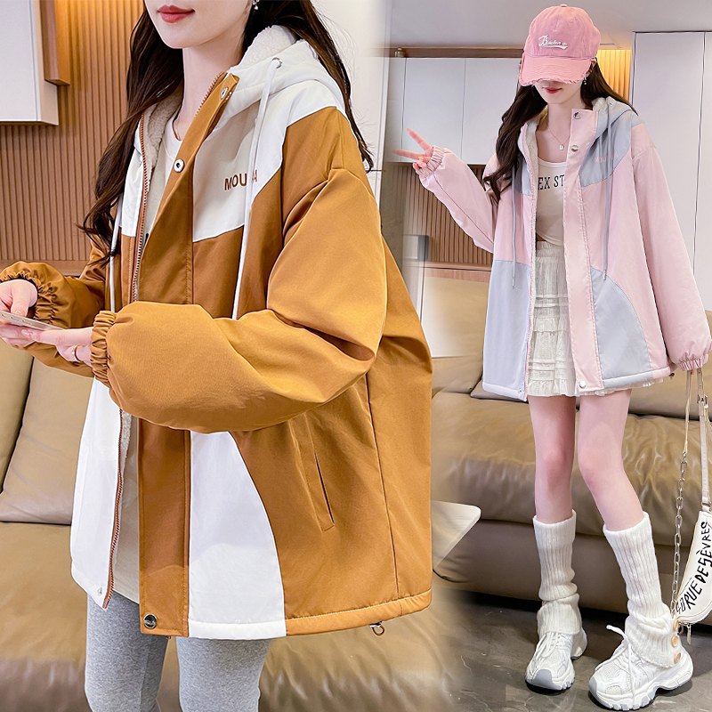 MY17282# 羊羔毛加厚外套新款初中高中学生宽松设计感加绒棉服潮女裝貨源服裝批發