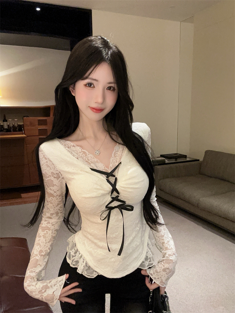 MY14229# 纯欲设计感蕾丝针织T恤收腰显瘦长袖上衣女裝貨源服裝批發