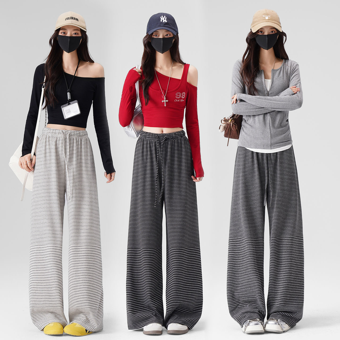 MY17219# 新款女裤松弛条纹针织糯米裤宽松百搭休闲阔腿裤女裝貨源服裝...