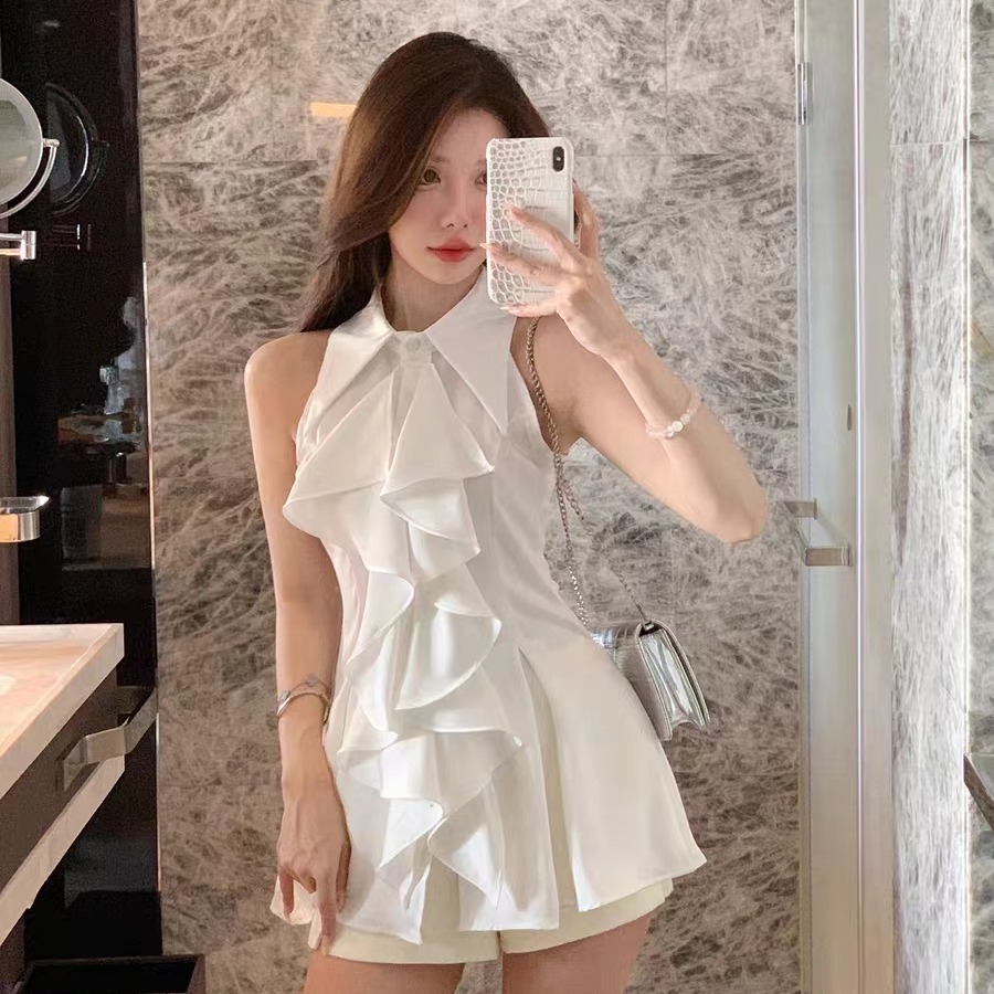 MY11514# 小众设计感荷叶边衬衫挂脖连衣裙女裝貨源服裝批發