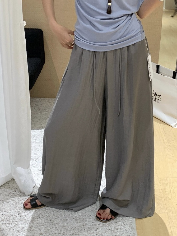 棉麻韓系百搭麻料松弛感闊腿褲女抽繩垂感休閑褲