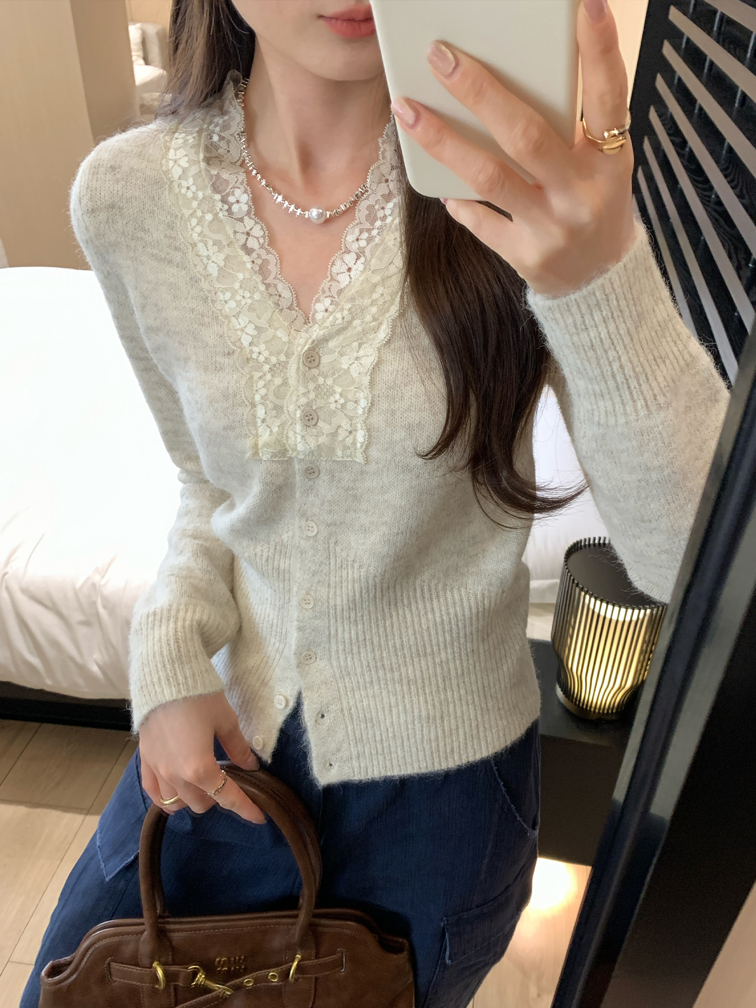 MY15681# 高知miu系蕾丝花边V领羊毛针织毛衣开衫外套女秋新款上衣...