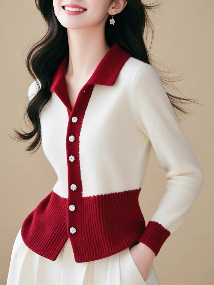 MY14695# 时尚精致优雅风红白撞色翻领长袖毛针织开衫好看软糯小衫女裝...