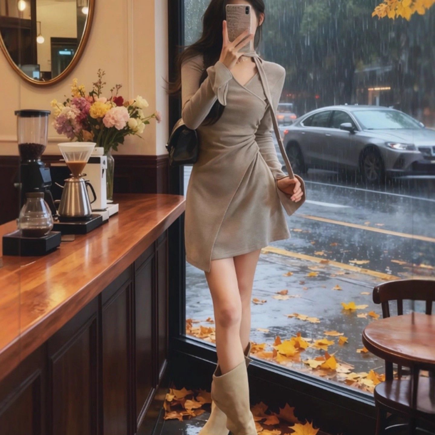 MY15398# 御姐风灰色交叉v领收腰设计感褶皱法式气质秋季连衣裙女2025新款女裝貨源服裝批發