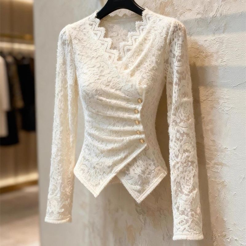 MY15526# 加绒V领钩花蕾丝打底衫新款法式时尚气质褶皱收腰上衣女裝貨...