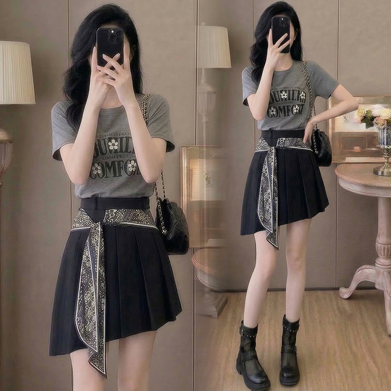 RY2325# 2026夏季新款旷野风眠莱赛尔薄款短袖+飘带不规则百褶裙两...