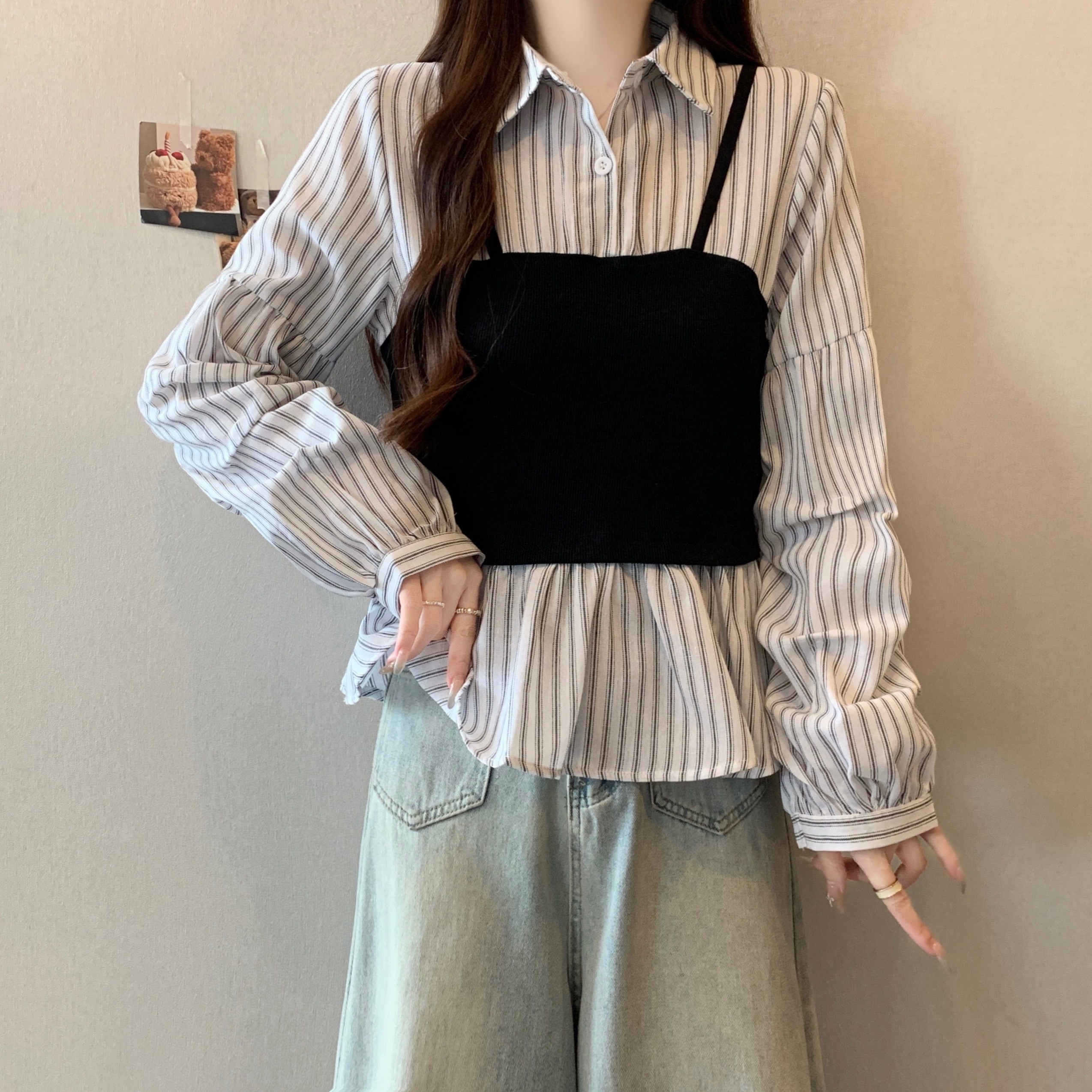 MY16024# 大码胖MM条纹收腰显瘦假两件衬衫新款设计感小众上衣女裝貨...