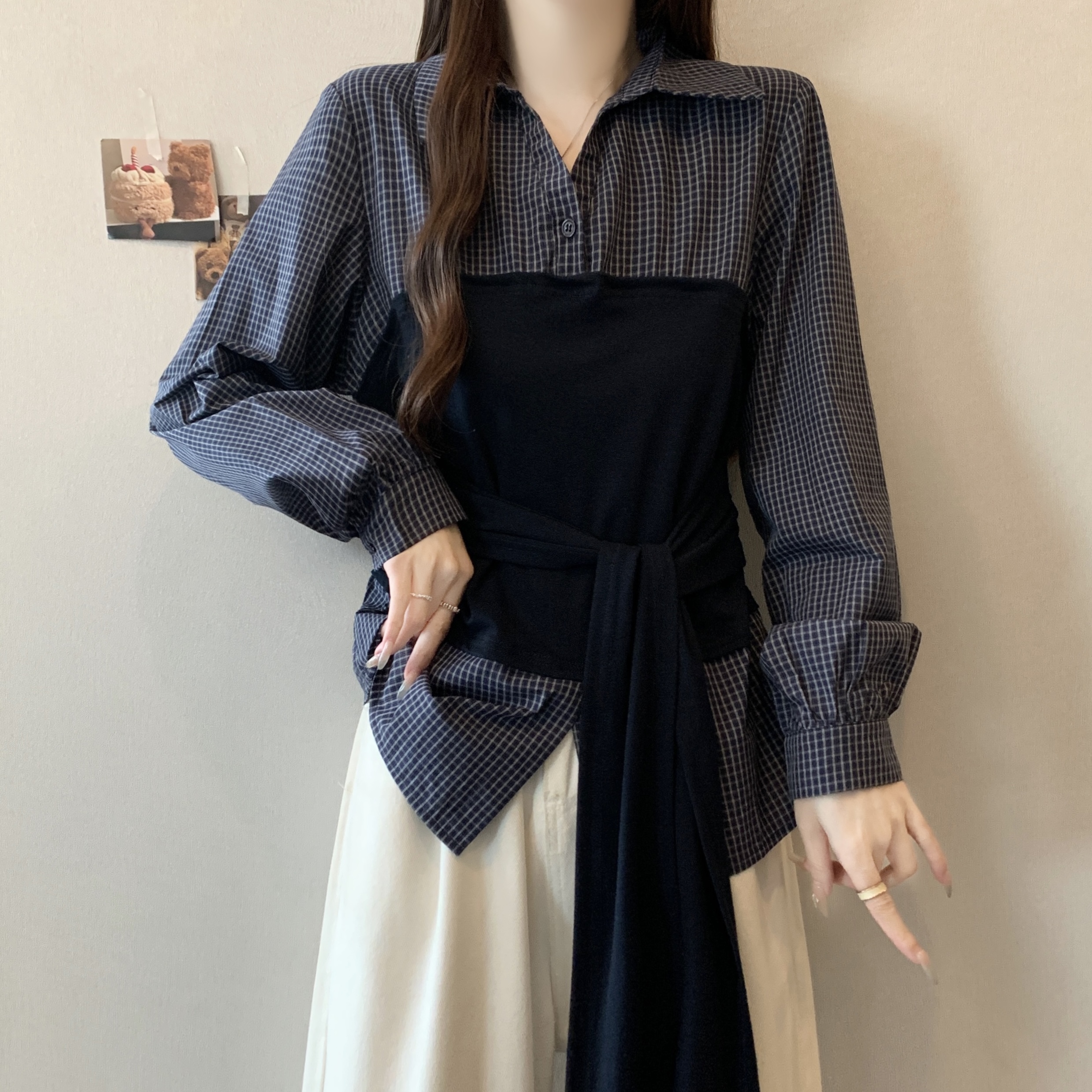 MY16023# 大码胖MM新款假两件收腰长袖衬衫女设计感绑带格子上衣女裝...