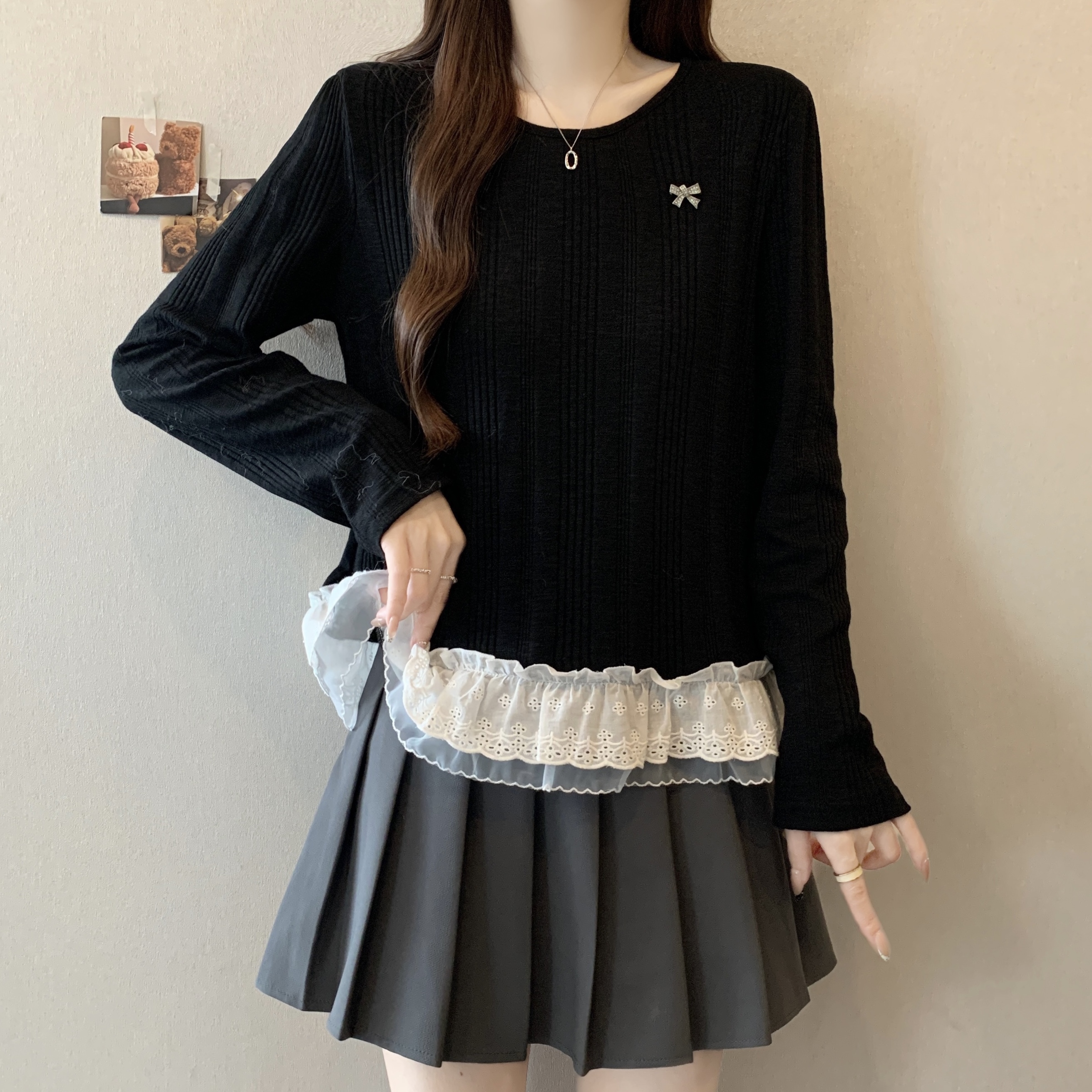 MY16021# 大码女装新款圆领长袖针织衫蕾丝下摆花边宽松显瘦上衣女裝貨...