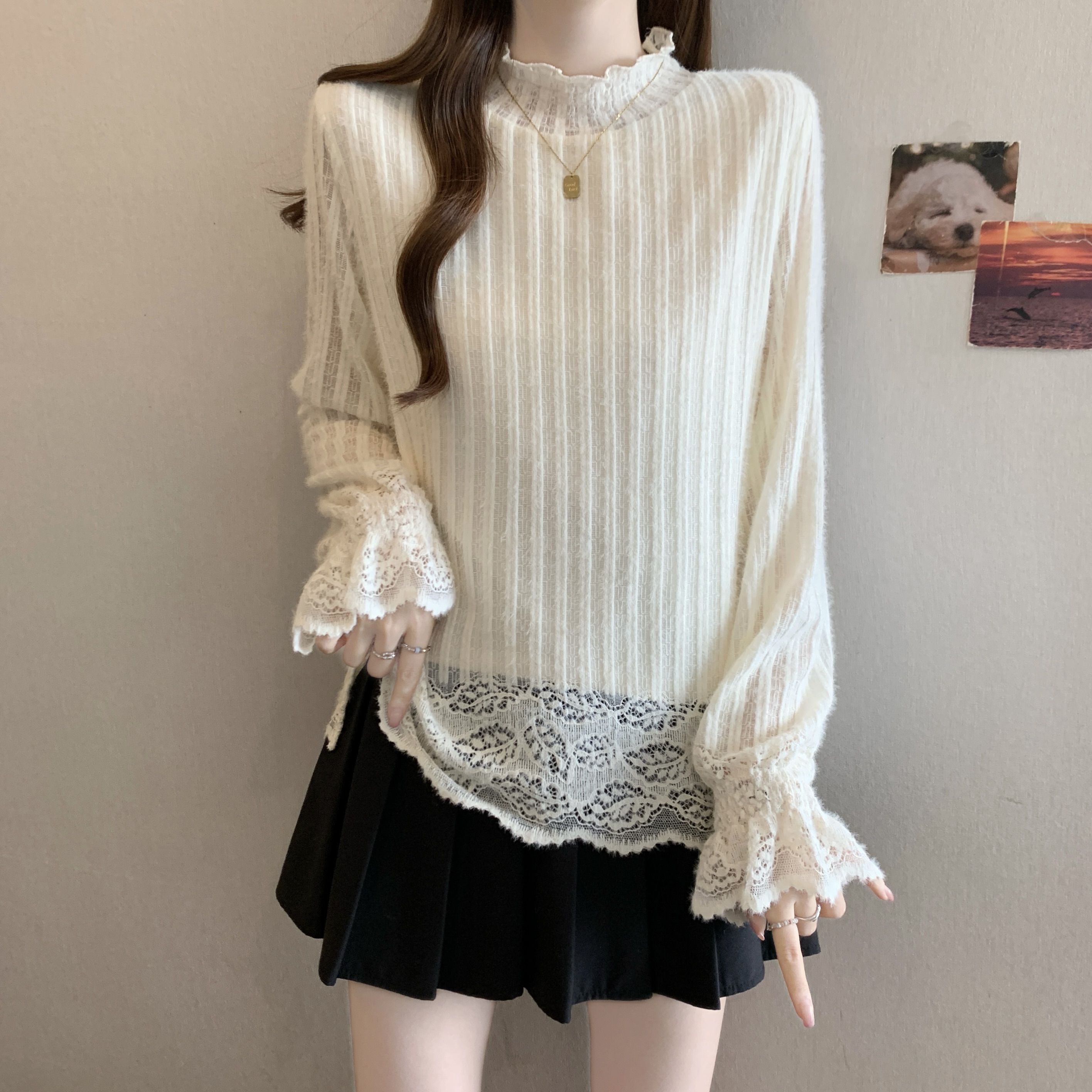 MY16019# 大码气质磨毛蕾丝衫女加绒半高领打底衫女内搭上衣女裝貨源服...