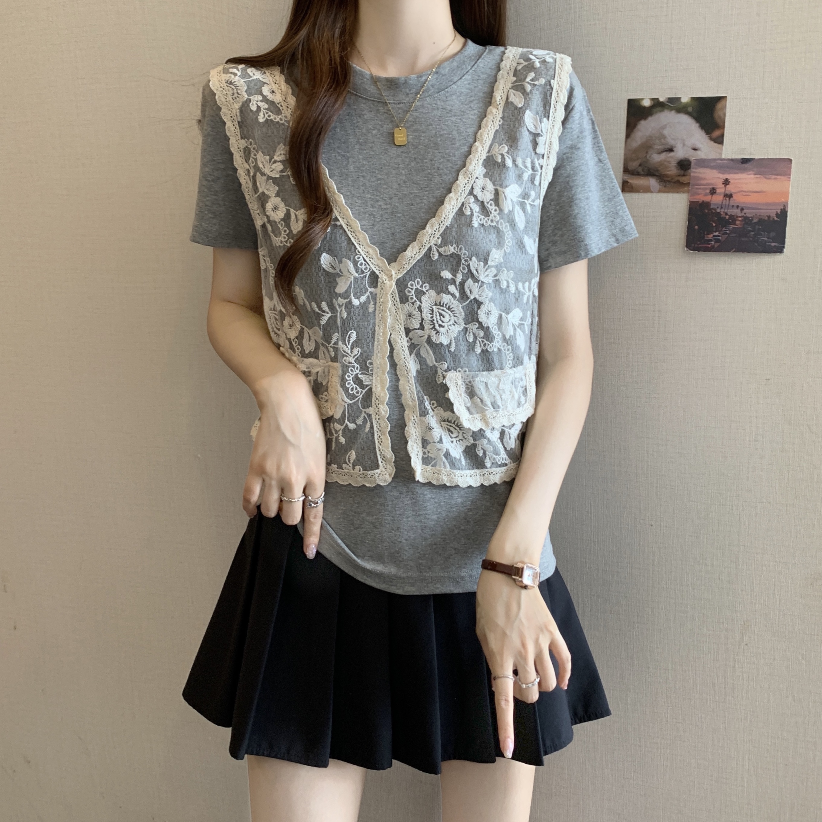 MY7455# 新款胖MM夏款设计感假两件蕾丝短袖T恤韩系气质显瘦上衣女裝貨源服裝批發