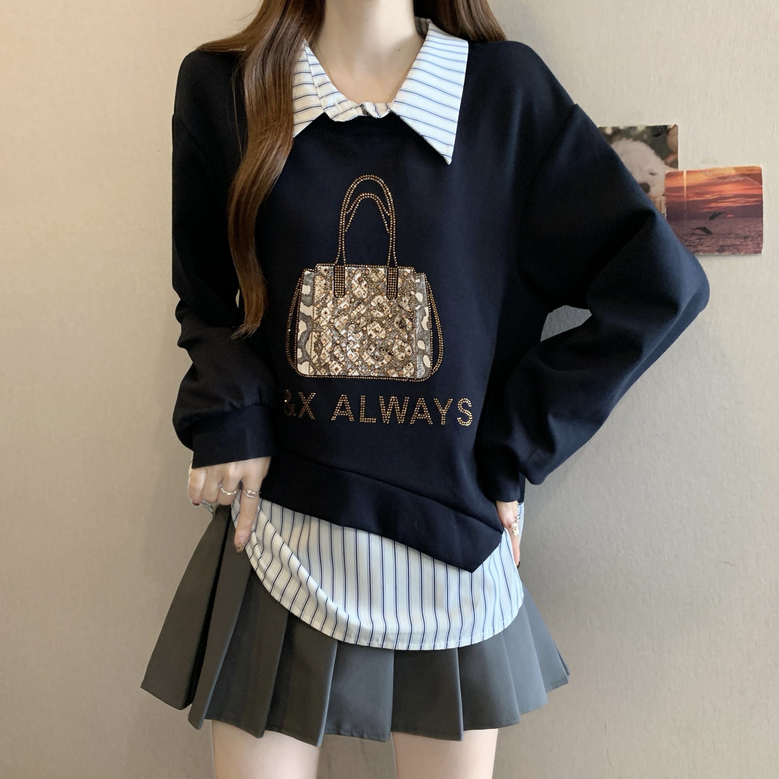 MY14202# 新款大码女装时尚高级感假两件重工亮钻减龄显瘦卫衣女裝貨源...