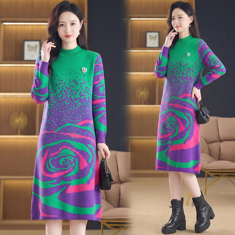 MY16263# 时尚洋气提花高端气质中长款针织宽松遮肚连衣裙女裝貨源服裝...