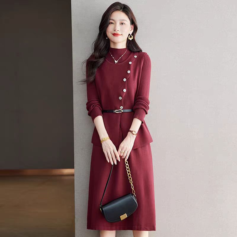 MY15144# 针织马甲连衣裙女两件套装新款高级感毛衣裙配大衣中长裙女裝...